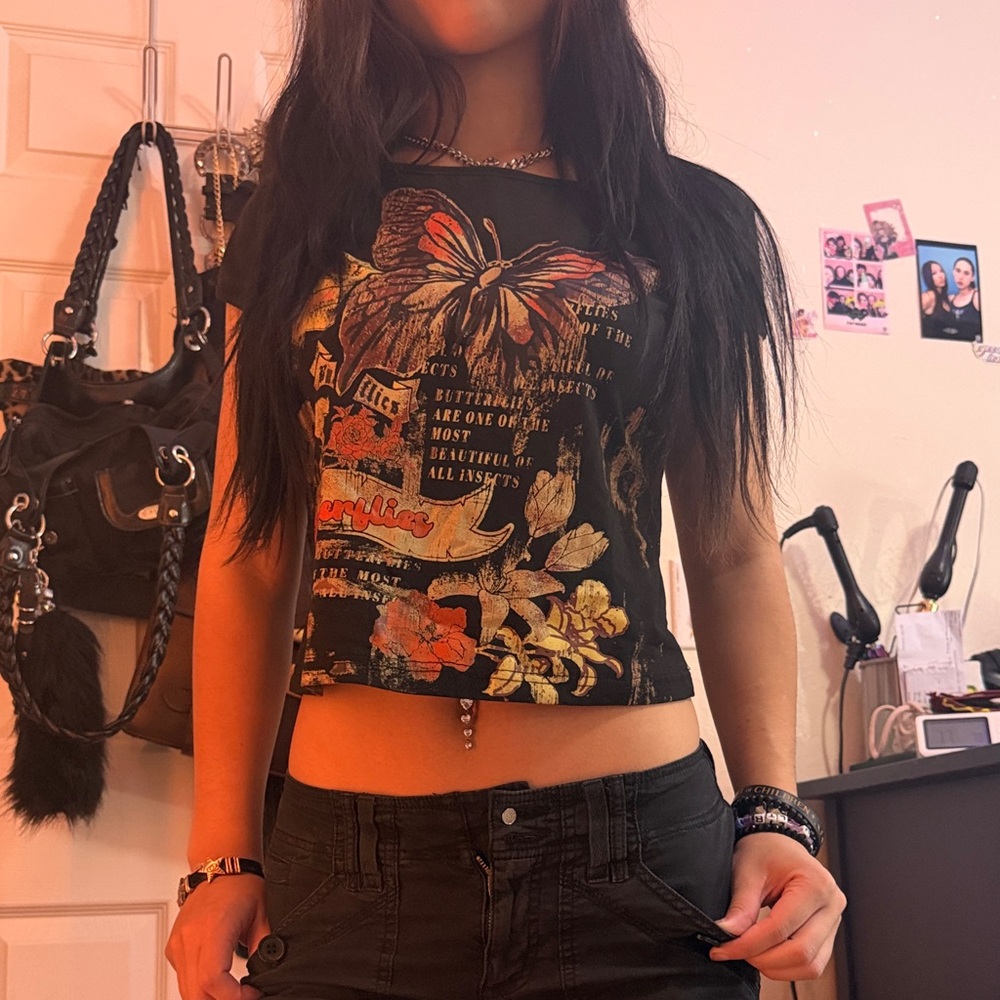 Black Floral Butterfly Graphic Crop Top